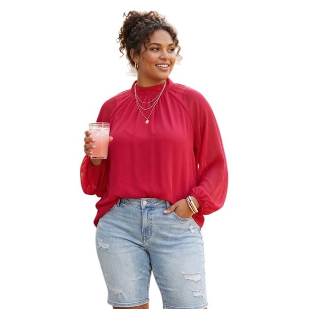 Maurices Hot Pink/Red Mock Neck Balloon Sleeve Blouse -‎ Plus Size 2X - NWT